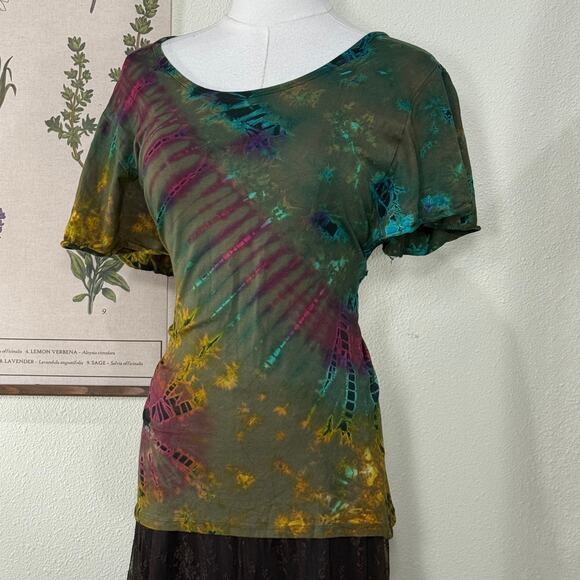 Multicolor Tie Dye Butterfly Flutter Sleeve Top Hippie Boho Fairy Grunge M - Picture 1 of 4